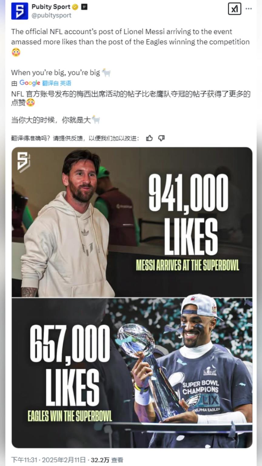 NFL官方发布梅西帖子比老鹰队夺冠帖子点赞数还高